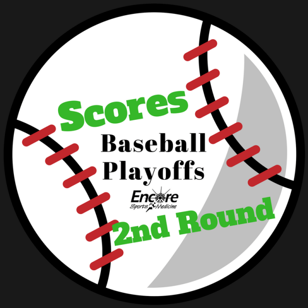White baseball clip art with Scores, Baseball Playoffs, Second Round, Encore Sports Medicine on ball on black background