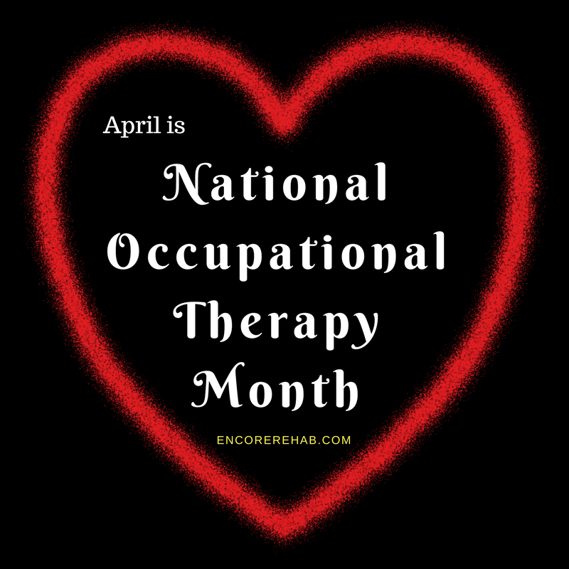 Black background with red hearts reads April is National Occupational Therapy Month