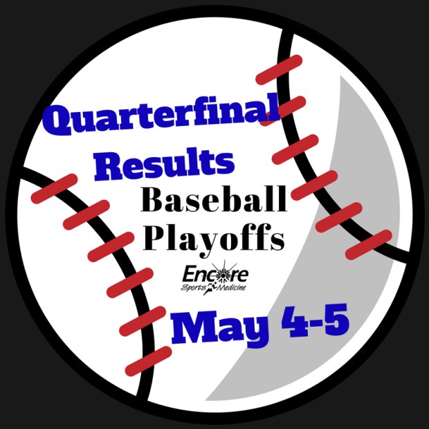 Baseball Graphic that reads Quarterfinal Results, Baseball Playoffs, May 4-5, Encore Sports Medicine