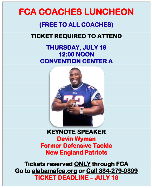 AHSAA All-Star FCA Coaches Luncheon Info, July 19, 2018