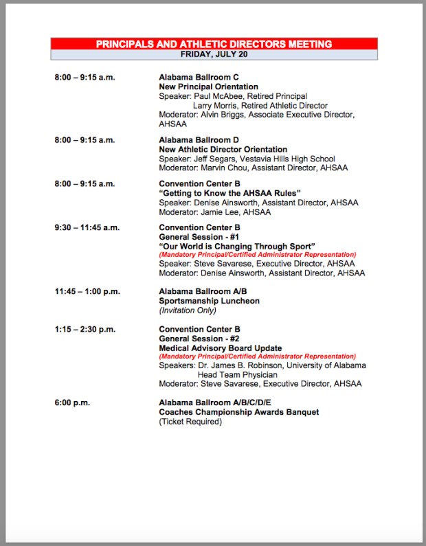 AHSAA 2018 Principals and Athletic Directors Meeting Schedule