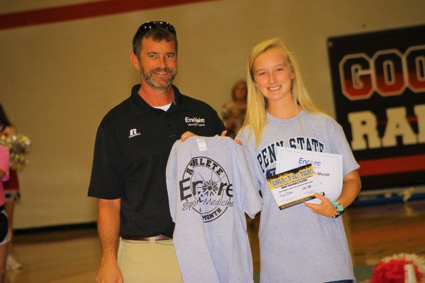 Athlete of the Month Bijou Phillips of Good Hope High School with Encore Rehabilitation-Cullman Athletic Trainer Bo Shirey. #EncoreRehab