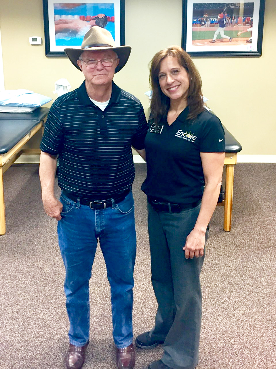 Patient Woody Brown with Encore Rehabilitation Physical Therapist Julia Krahm