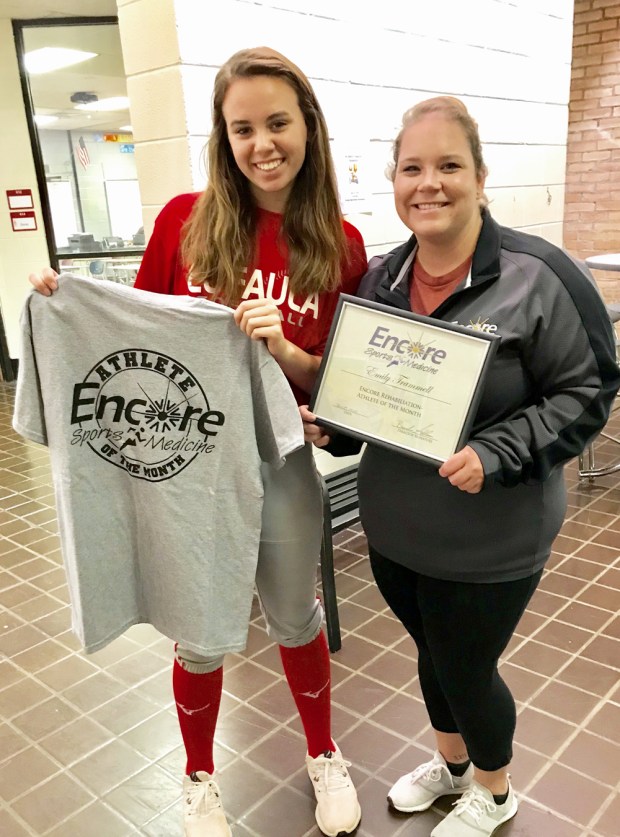 Emily Trammell is Athlete of the Month for Encore Rehabilitation-Eufaula, shown here with Athletic Trainer Jessica McManus #EncoreRehab