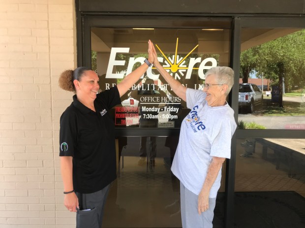 Pat Roach is Patient of the Month at Encore Rehabilitation-Enterprise, shown here with PT Technician Denise Turner #EncoreRehab