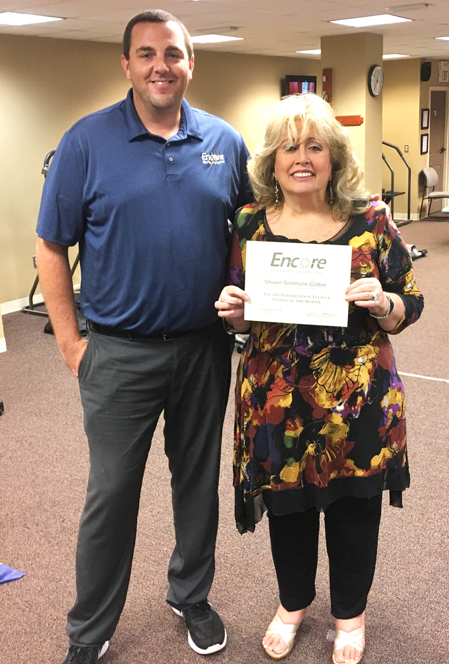 Patient of the Month Rev. Shawn Collier and Clinic Director Brandon Addison with #EncoreRehab Eufaula