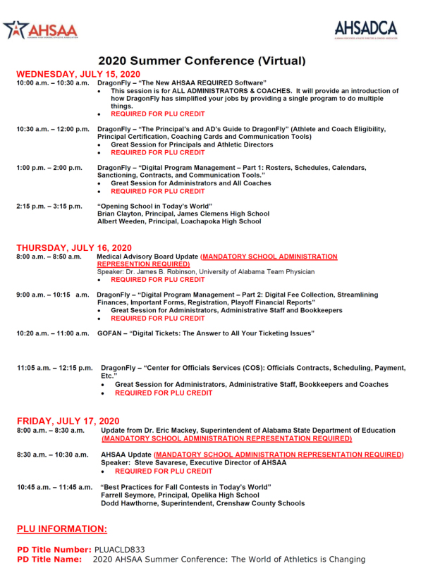 2020 Summer Conference Schedule