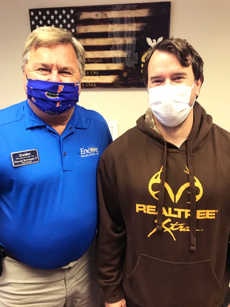 Paul Otto had successful rehab with #EncoreRehab Fort Walton Beach. Shown here with Clinic Director Malcolm McDougall, Physical Therapist. 