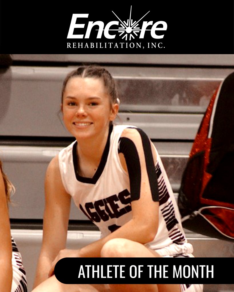 High school female basketball crouching on the floor with title Encore rehabilitation Athlete of the Month 