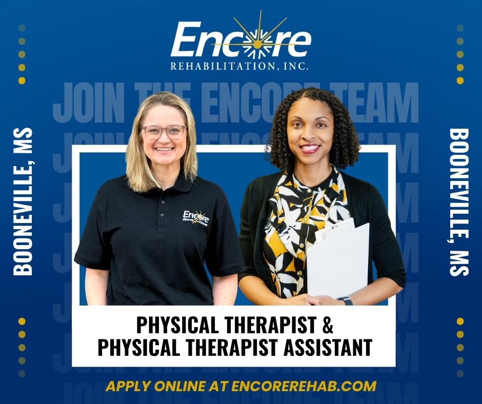 Two healthcare professionals smiling, one wearing a black polo with the Encore Rehabilitation logo and the other in a patterned top holding paperwork, against a blue background with text promoting job openings at Encore Rehabilitation in Booneville, MS.